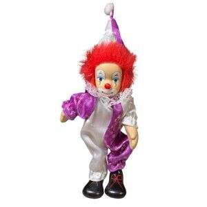 Vintage Porcelain Clown Doll With Red Hair White & Purple Costume Lace Details